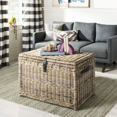 a living room with a gray couch and wicker storage box on the coffee table