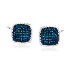 Ross-Simons - .20 ct. t.w. Blue Diamond Square Stud Earrings in Sterling Silver. Here's the something blue you've been looking for. .20 ct. t.w. blue diamonds are nestled in square frames, surrounded by roped sterling silver borders. Set in blue rhodium for a cohesive look. Polished finish. Post/clutch, blue diamond stud earrings. Our blue diamonds are natural diamonds that have been treated which causes the color change and then heated to hold the color. The color change process is permanent. D Blue Diamond Earrings With Pave Setting, Blue Sterling Silver Earrings With Pave Setting, Blue Diamond Earrings, Essential Jewelry, White Diamond Jewelry, Sand Dollar Necklace, Black Diamond Earrings Studs, Black Diamond Studs, Diamond Earrings For Women