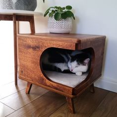 a black and white cat laying in a wooden litter box on top of a table