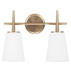 two light brass bathroom fixture with white glass shades