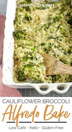 a casserole dish with broccoli and alfredo sauce