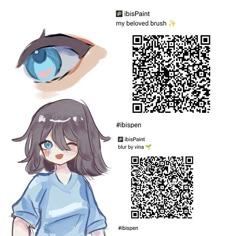 an anime character with long hair and blue eyes is looking at the qr code