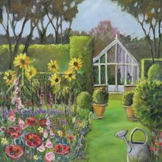 an oil painting of a garden with flowers and a greenhouse in the backgroud