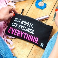 A Fun, Slogan Make Up Bag for any Beauty Addict! Get your liner at the ready! This slogan bag is totally on trend and makes a very relevant gift for her... This item is a printed, natural canvas bag with official Rock On Ruby logo. The makeup bag fastens with a vintage style metal zip. With neon printed text to give a fab, modern effect. Slogan reads: Just wing it. Life, Eyeliner, Everything. Available in cream or black make up bags Sizes - Available in 3 sizes (size shown in the image is Medium Cricut Wedding Gifts Diy Vinyl Projects, Beauty Quotes Short, Make Up Bag Quotes, Period Bags, Ruby Logo