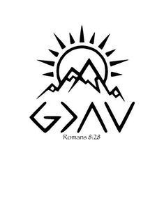 the sun and mountains with the word god above it in black on a white background