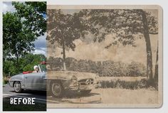 an old photo of a car with trees in the background and before and after photoshopped