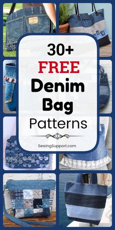 denim bags with the words 30 free denim bag patterns on them and pictures of how to sew them