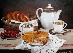 a painting of cranberries and pancakes on a table next to a tea pot