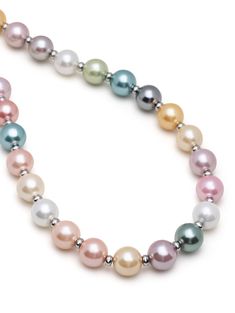 Cultured Freshwater Pearls We use cultured pearls from oysters and freshwater mussels that we select by hand for all our jewelry Colored Pearls in Rainbow Colors Approximate pearl size 10mm Lock and Dividers in Stainless Steel Necklace length is 20 Inches with a 1.5 Inch Extension Chain Product Code: MNEC_250 Designer's Notes Strung by hand on a strong metal wire in our LA studio, this necklace with beautiful 10mm pearls will add a unique touch to all your looks. The Rainbow colors of the pearls Pastel Pearl Necklace, Freshwater Mussels, Chunky Pearl Necklace, Colored Pearls, Chunky Pearls, Pink Pearl Necklace, Freshwater Cultured Pearls, Steel Necklace, Metal Wire