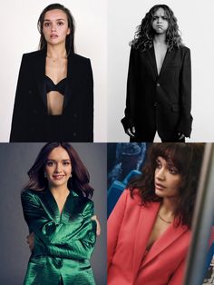 four photos of women in black and green outfits