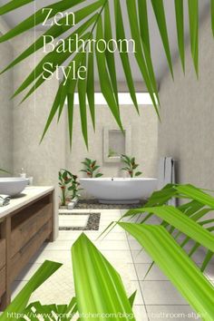 an image of a bathroom setting with palm leaves