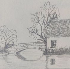 a drawing of a house next to a river with a bridge in the foreground