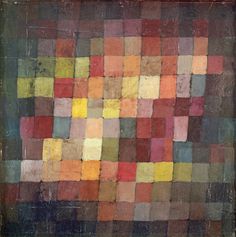 an abstract painting with squares in different colors and sizes, on a brown background poster