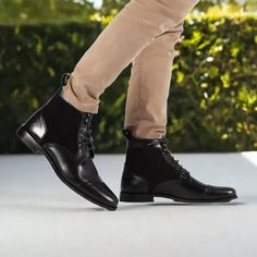 Men’s Black Dress Boots Lace Up Leather Ankle Boots Formal High Ankle Lace-up Boots For Winter, Leather High Ankle Lace-up Boots, Fitted Cap Toe Leather Shoes For Fall, Fall Cap Toe Leather Shoes, Black Cap Toe Chelsea Boots For Fall, Formal High Ankle Chelsea Boots, Fitted Ankle Chelsea Boots For Winter, Fitted High Ankle Chelsea Boots For Formal Occasions, Formal Fitted Lace-up Winter Boots