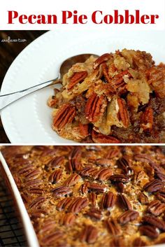 pecan pie cobbler recipe on a white plate with text overlay that reads pecan pie cobbler