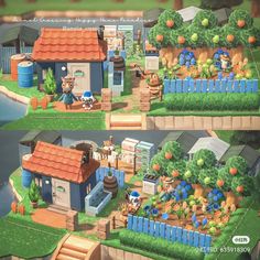 two pictures of the same house in animal crossing, and one has an orange roof