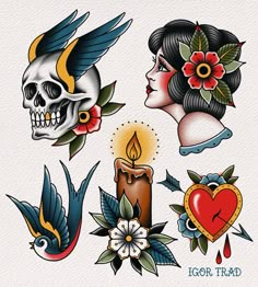 an image of tattoos with skulls and flowers on it's side, including a candle