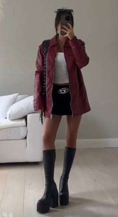 Autumn Outfits Red Leather Jacket, Platform Chunky Boots Outfit, Red Boots Outfit Ideas, Red High Heel Boots Outfits, Red And Leather Outfit, Dark Red Fall Outfits, Red Corset Outfit Casual, Fall 2023 Fashion Trends Red, Pop Of Red Outfit Fall