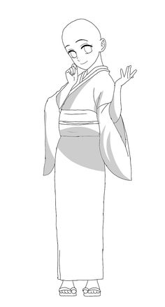 an animation character in a kimono holding his hand up to the side and talking on a cell phone