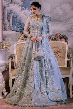 Elegant Ice Blue Embroidered Pakistani Wedding Dress Gown Pishwas Cultural Fashion, Wedding Dress Gown, Pakistani Wedding Dress, Festive Collection, Party Kleidung, Blue Tulle, Organza Dupatta, Pakistani Bridal, Pakistani Wedding