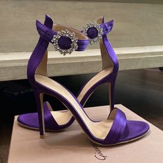 Comes With Original Box, Tissue Paper, And Dust Bag As Pictured. Made In Italy. Purple Pumps Heels, Purple High Heels Aesthetic, Luxury Purple Heels With 4-inch Heel, Luxury Purple Open Heel Heels, Chic Purple Heels For Gala, Purple High Heel Sandals For Formal Occasions, Purple Pointed Toe Heels For Gala, Elegant High Heel Purple Sandals, Formal Purple High Heel Sandals