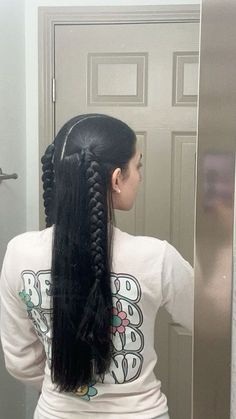 Half Up Half Down Accessories, 2 Half Up Half Down Braids, Cute Braided Hairstyles Straight Hair, Two Fish Tail Braid Hairstyles, Top Half Braided Hairstyles, 2 Braid Ponytail Hairstyles, Half Braid Half Ponytail, Half Up Half Down With Two Braids, Braided Game Day Hairstyles