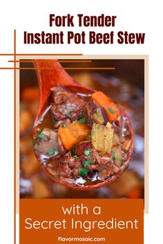 a spoon full of beef stew with carrots and parsley in it, on top of