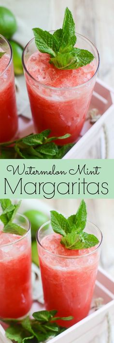 watermelon mint margaritas in small glasses with mint garnish