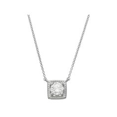 Adorned with a lab-created moissanite gemstone, this Moissanite Outlet solitaire pendant beautifully enhances your look. Adorned with a lab-created moissanite gemstone, this Moissanite Outlet solitaire pendant beautifully enhances your look. Pendant size: 8.8 mm x 8.8 mm Chain length: 16 in. + 2-in. extender Chain type: cable Nickel free Metal: sterling silver Plating: platinum, rhodium Finish: polished Packaging: boxedSTONE DETAILS Stone type: lab-created moissanite Total weight: 3/4 ct. Center Moissanite Solitaire Pendant Necklace With Diamond Accents, Cushion Cut Single Diamond Necklace For Gift, Classic Square Pendant Necklace With Diamond Accents, Timeless Solitaire Necklace With Diamond Accents And Moissanite, Classic Diamond White Diamond Necklace With Square Pendant, Diamond Solitaire Necklace With Square Pendant For Anniversary, Classic Diamond White Square Pendant Necklace, Formal Solitaire Necklace With Diamond Accents In Moissanite, Cushion Cut Diamond Accent Necklace For Anniversary