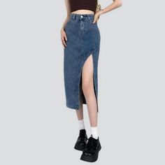 Introducing our medium-wash elevated-waist jean skirt from the 2023 Autumn Collection – the perfect embodiment of 90s style with a couture twist!Why it's a Must-Have for Your WardrobeCrafted to capture the essence of the iconic 90s vogue era, this long jean skirt is a statement piece that exudes confidence and sophistication. With its high-waist design and high-split detail, it's not just a skirt; it's a symbol of empowerment and individuality!Distinctive Features: 90s Nostalgia: Inspired by the Y2k High Waist Dark Wash Denim Skirt, Trendy High-rise Denim Blue Denim Skirt, Trendy High Waist Medium Wash Denim Skirt, Trendy High-waist Medium Wash Denim Skirt, Trendy High-rise Denim Blue Skirt, Fall Streetwear High-waisted Denim Skirt, High Rise Fitted Denim Skirt For Streetwear, Trendy Mid-rise Denim Skirt, Trendy Dark Wash Mid-rise Denim Skirt