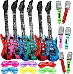 an assortment of electric guitars and sunglasses