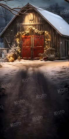 an old barn with christmas lights and wreaths on the front door is lit up at night