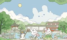 two white rabbits walking across a bridge in front of a pond with trees and buildings