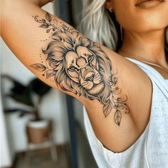 Tattoo Ideas Female Sleeve Black Women, Female Lion Tattoo For Women, Womens Arm Sleeve Tattoo, Alluring Tattoo, Underarm Tattoo, Forarm Tattoos, Lion Tattoo Design, Writing Tattoos, Dope Tattoos For Women