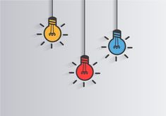 three light bulbs hanging from strings with the words creative thinking written below them on grey background