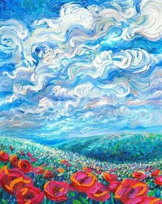 a painting of red poppies in a field with blue sky and clouds above them