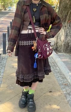 new rock, vintage skirt, velvet skirt, brown shirt, brown inspo,punk, witch core inspo,fall, nature, fall inspo,thrifting,witchcore, fairycore, vintage, grunge, aesthetic, style, ootd, outfit, jewelry, women fashion, male fashion, alternative style, outfits, outfit,  inspo, ideas, alternative, aesthetic, adventurecore, apocalypsecore, vibe, teen, teenager, university outfit, converse, atmosphere, fit, scene, secondhand, black, green, grey, rings, crystals, magical, Ren fair, Renaissance fai Punk Skirt Outfit, Green Grunge Outfit, Whimsical Fits, Alternative Fall Fashion, Alternative Style Outfits, Witch Core Outfits, Grunge Skirt Outfit, Vintage Grunge Aesthetic, Punk Witch