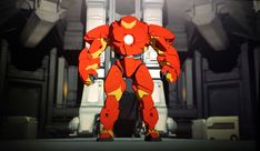 an animated iron man standing in front of a building