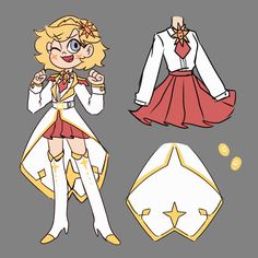 the paper doll is wearing a red dress and white jacket with gold trimmings