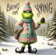 a green cat wearing a pink and blue coat holding a pine cone in the snow