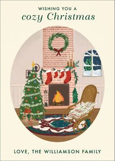 a christmas card with a fireplace and stockings