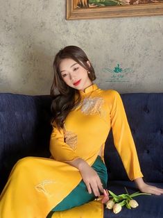 Very elegant design Long Sleeve Stretch Dress For Festive Occasions, Festive Long Sleeve Stretch Dress, Festive Stretch Long Sleeve Dresses, Festive Long Sleeve Spring Dress, Spring Evening Ao Dai With Long Sleeves, Yellow Long Sleeve Ao Dai For Summer, Yellow Long Sleeve Ao Dai For Spring, Yellow Fitted Long Sleeve Ao Dai, Spring Stretch Ao Dai With Long Sleeves