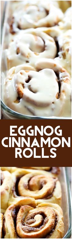 eggnog cinnamon rolls in a glass baking dish