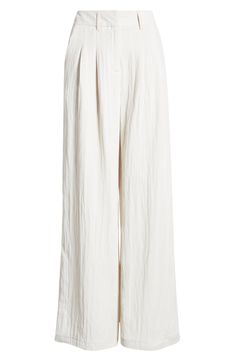 Soft pleats lend graceful movement to these high-waist pants designed with a crinkled texture and flowy wide legs. Zip fly with hook-and-bar closure 55% polyester, 37% viscose, 8% nylon Machine wash, dry flat Imported Beige Pleated Wide Leg Bottoms, White Pleated Summer Pants, Summer White Pleated Pants, Spring White Pleated Pants, White Pleated Pants For Spring, Summer Wide Leg Crinkle Texture Pants, Summer Wide Leg Pants With Crinkle Texture, White Pleated Wide Leg Pants, Summer Wide Leg Bottoms With Crinkle Texture