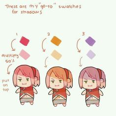 three cartoon girls with different colored swatches on their faces, one in red and the other in pink