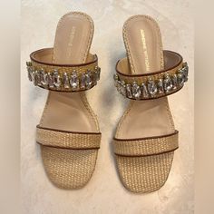 Adrienne Vittadini Acres Wedge Sandals, Size 8.5. Sparkling Jewels Embellish The Vamp Of A Double Strap Sandal Eleavted By A Sleek Wedge Heel Fitted With A Well-Cushioned Footbed. 3" Heel Synthetic Upper, Lining And Sole New In Box! Elegant Block Heel Wedge Sandals For Beach, Elegant Block Heel Wedge Sandals For Vacation, Elegant Beach Wedge Sandals With Block Heel, Elegant Wedge Heel Vacation Heels, Elegant Wedge Heel Heels For Vacation, Elegant Wedge Heels For Vacation, Elegant Vacation Wedge Heels, Elegant Slip-on Heels For Vacation, Elegant Gold Wedge Sandals For Vacation