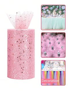 the pink tissue is decorated with sequins and ribbons, along with other decorative items