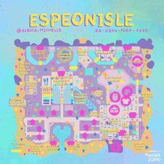 an image of a map with the words espeonise on it in yellow and purple