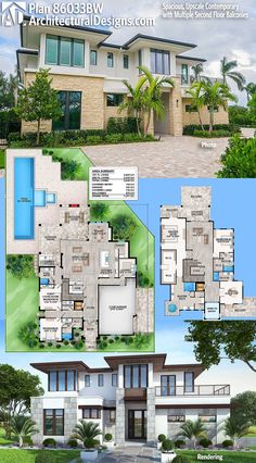 two story house plans with three levels and lots of windows on each floor, in the middle