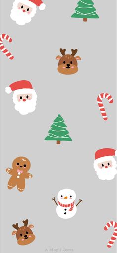 christmas wallpaper with santa claus, snowman and other holiday related items on grey background